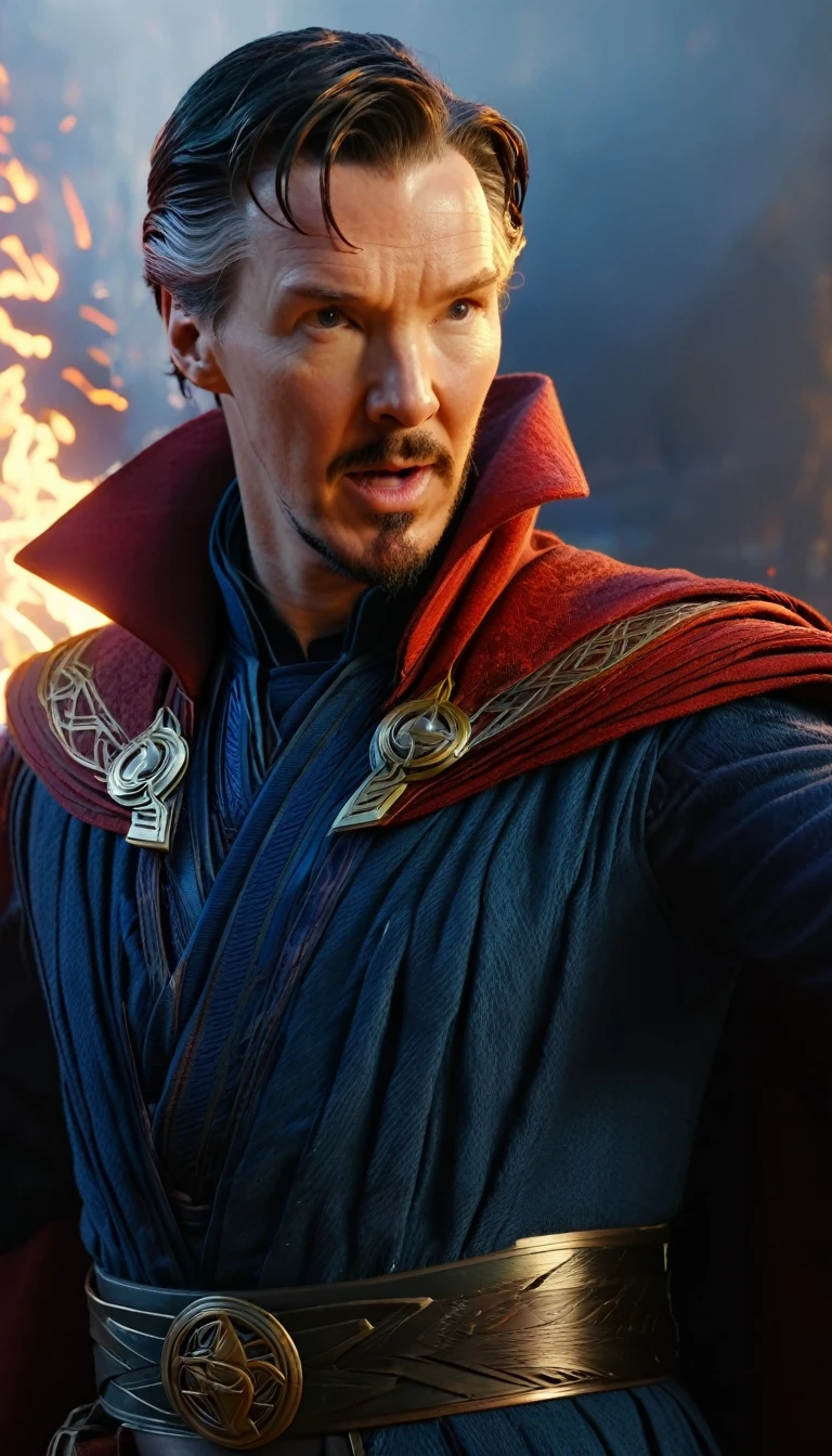 Marvel - Doctor Strange, close-up, brilliant lightning, fire and smoke timming background, winning the great battle to save the world, masterpiece, 8K, realistic
