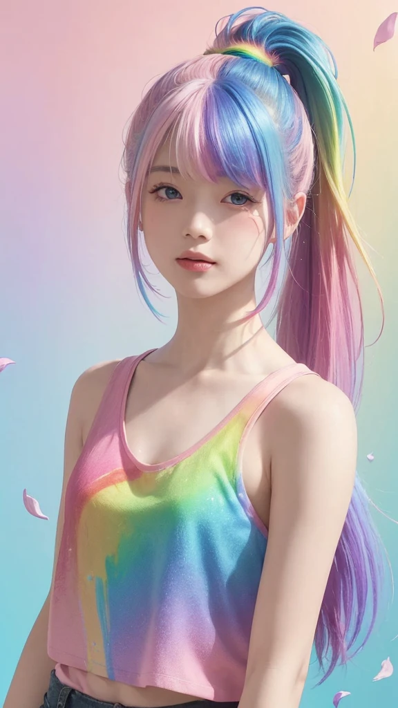 (Pink fashion T-shirt:1.9)、(colourful hair:1.8)、(all the colours of the rainbow:1.8)、((((Vertical Painting:1.6)))、(painterly:1.6)、frontage、comic strip、illustratio、painterly、big eye、Sheer eyes、(Iridescent gradient high ponytail:1.7)、Exquisite makeup、(Small fresh:1.5)、(Wipe Chest:1.6)、long eyeslashes、White off-the-shoulder T-shirt、White shoulder shirt、(rainbow-colored hair:1.6)、 color splashes, (solo:1.8), color splashes, Color explosion, Thick paint style, Messy lines, ((SHINES)), (colourfull), (colourfull), colourfull, colourfull, Chic paint style, (Splash) (color splashes), Vertical Painting, The upper part of the body, paint splashes, Acrylic Pigment, gradients, paint, Top image quality, Top image quality, masterpiece, solo, depth of fields, facepaint, colourful clothes, (elegent: 1.2), Gorgeous,length hair, the wind, (elegent: 1.3), (flower petals:1.4)、(((masterpiece)))、(((top-quality)))、((Ultra-detail))、(dynamic ungle)、((Planktonic))、(paint)、((dishevled hair))、((Detailed anima face)))、((beautifull detailed face))、collars、bare shoulders、white hair、((colourful hair))、(((striated hair))、beatiful detailed eyes、(Gradient color eyes)、(((Colorful eyes))))、(colorful backdrop))))、((((a high chroma))))、(((Surrounded by colorful splashes)))、White background、blurry backround、Skin Care Cosmetics、1 person、a beauty girl、、Shyness、red blush、超A high resolution、Beautie、cute little、solo、A Japanese Lady。13years、hi-school girl、a smile。Beautiful young woman model。bright expression、photorealisim、Beautiful face、(pureerosface)、Glowing white shiny skin、Light brown straight hainer hair、Attractive beautiful brown eyes、Double eyelids、、fashionGirl。Wears a white shirt。Close-up portrait。profetional lighting, depth of fieldodel shoot tyle、top-quality、masterpiece、