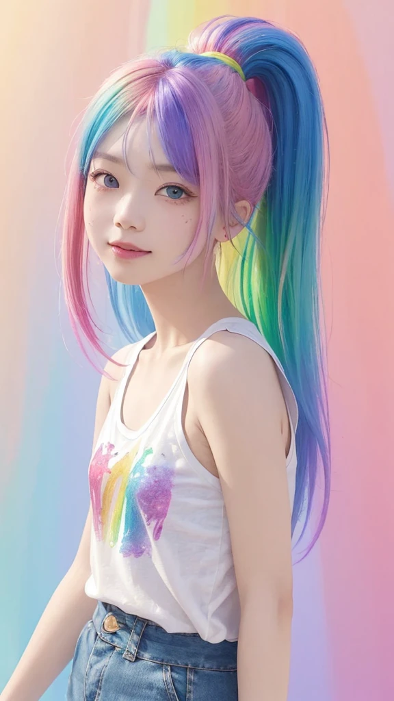 (Pink fashion T-shirt:1.9)、(colourful hair:1.8)、(all the colours of the rainbow:1.8)、((((Vertical Painting:1.6)))、(painterly:1.6)、frontage、comic strip、illustratio、painterly、big eye、Sheer eyes、(Iridescent gradient high ponytail:1.7)、Exquisite makeup、(Small fresh:1.5)、(Wipe Chest:1.6)、long eyeslashes、White off-the-shoulder T-shirt、White shoulder shirt、(rainbow-colored hair:1.6)、 color splashes, (solo:1.8), color splashes, Color explosion, Thick paint style, Messy lines, ((SHINES)), (colourfull), (colourfull), colourfull, colourfull, Chic paint style, (Splash) (color splashes), Vertical Painting, The upper part of the body, paint splashes, Acrylic Pigment, gradients, paint, Top image quality, Top image quality, ​masterpiece, solo, depth of fields, facepaint, colourful clothes, (elegent: 1.2), Gorgeous,length hair, the wind, (elegent: 1.3), (flower petals:1.4)、(((​masterpiece)))、(((top-quality)))、((Ultra-detail))、(dynamic ungle)、((Planktonic))、(paint)、((dishevled hair))、((Detailed anima face)))、((beautifull detailed face))、collars、bare shoulders​、white  hair、((colourful hair))、(((striated hair))、beatiful detailed eyes、(Gradient color eyes)、(((Colorful eyes))))、(colorful backdrop))))、((((a high chroma))))、(((Surrounded by colorful splashes)))、White background、blurry backround、Skin Care Cosmetics、1 person、a beauty girl、、Shyness、red blush、超A high resolution、Beautie、cute little、solo、A Japanese Lady。13years、hi-school girl、a smile。Beautiful young woman model。bright expression、photorealisim、Beautiful face、(pureerosface)、Glowing white shiny skin、Light brown straight hainer hair、Attractive beautiful brown eyes、Double eyelids、、fashionGirl。Wears a white shirt。Close-up portrait。profetional lighting, depth of fieldodel shoot tyle、top-quality、​masterpiece、