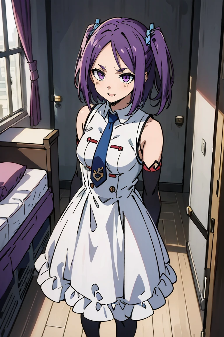 (masterpiece:1.2), (high quality:1.2), reo mikage, blue lock, girls with((1girl, solo, purple hair, (medium hair, right swept bangs, one side up:1.55), bare shoulder, blush, breasts, black sleeves, arm wears, elbow armwarmers, choker, cleavage, cowboy shot, collar, collarbone, rosary, cross, white clothes, blouse, white dress, sleeveless, collared shirt, necktie, cheongsam, cinderella dress, long dress, frilled panniers, (open dress:1.34), leggings, boots, sandals, bare legs)), background with((bedroom, room:2.0))