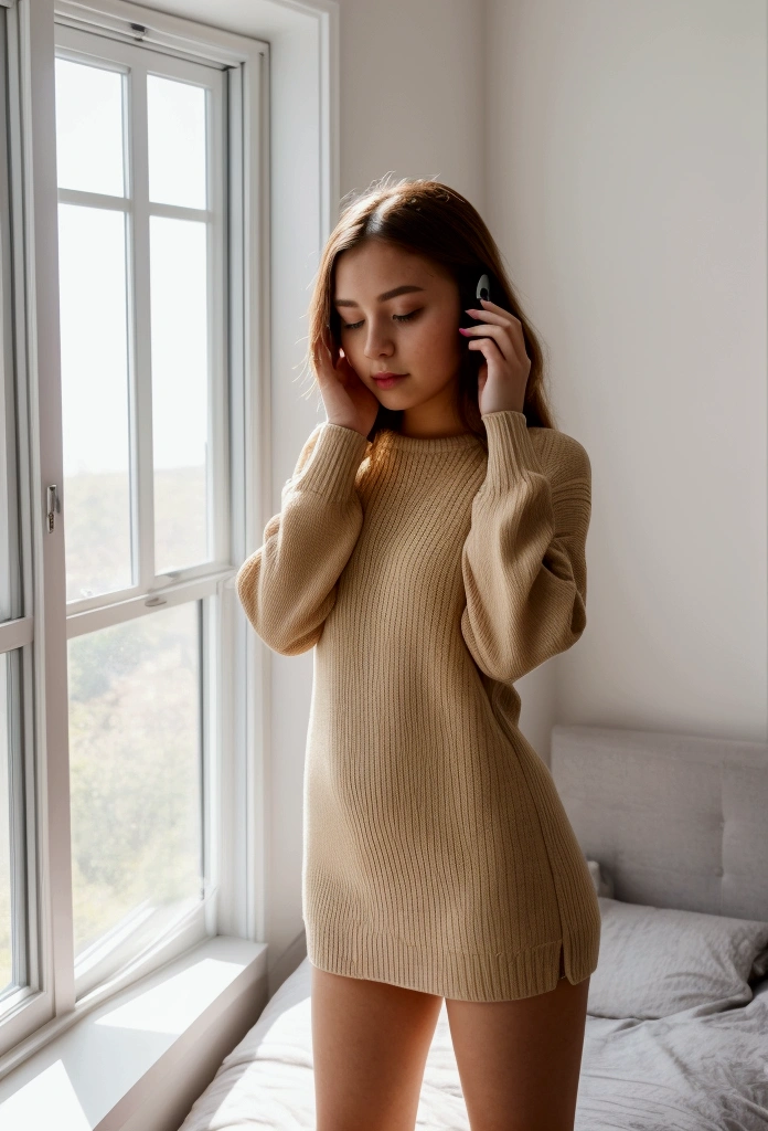 A young woman, dressed in a new outfit that she wants to show off. She holds her phone in front of her face, hiding her face but capturing her entire body. She is in a bright, modern bedroom, with large windows that let in natural light.
