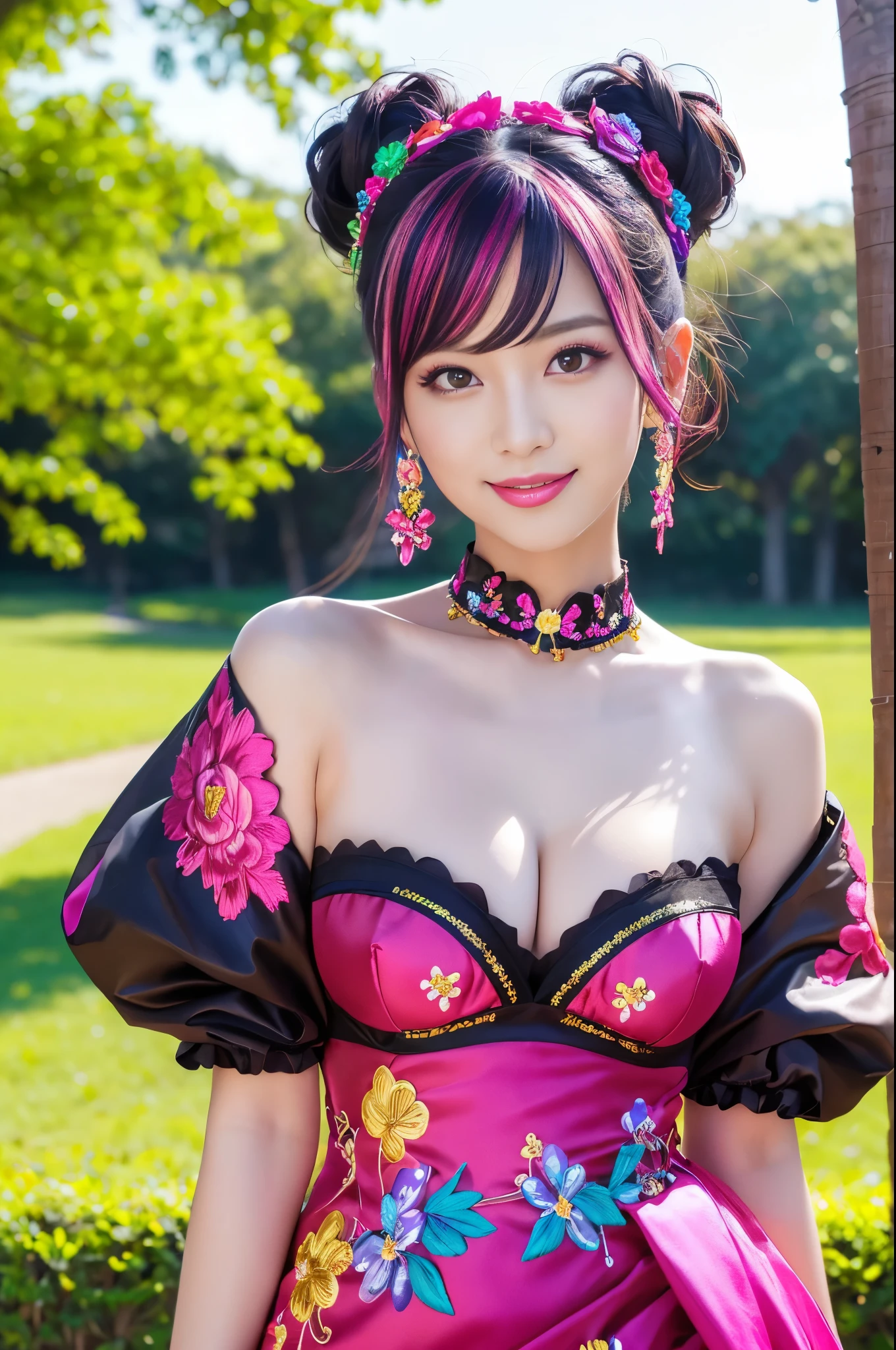 (masterpiece:1.4), (best quality:1.4), ultra high res, ultra high resolution, ((detailed facial features)), HDR, (realistic, photorealistic, photo-realistic:1.37), full body Esbian, sexy Vietnamese model, (-anime), vivid colors, ((vivid colors multicolor (pink, fuchsia, purple) very short hair)), (happy smile), lip-gloss, long lashes, ultra detailed metallic makeup, defined eyebrows, wearing large sparkling colorful jewelery, wearing a red silk Paradise Kiss cosplay dress with black floral embroidery, ((vivid colors outfit)), vivid colors, look at the camera, cinematic light, large park background with trees, sweet and sexy pose