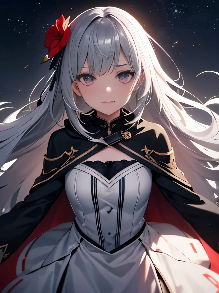 One girl,alone,One girl,alone,Ultra high definition,((Beautiful attention to detail)), (Detailed light),Depth of written boundary,(Gray Hair),Silver Eyes,Hair on one eye,(Red flower ), Hair Flower,Long Hair,Black Cape,Wet,Emotionless,Recall,night,shooting star,it's raining,fog,Red flowers falling,sketch,Upper Body,Strong Shadows,