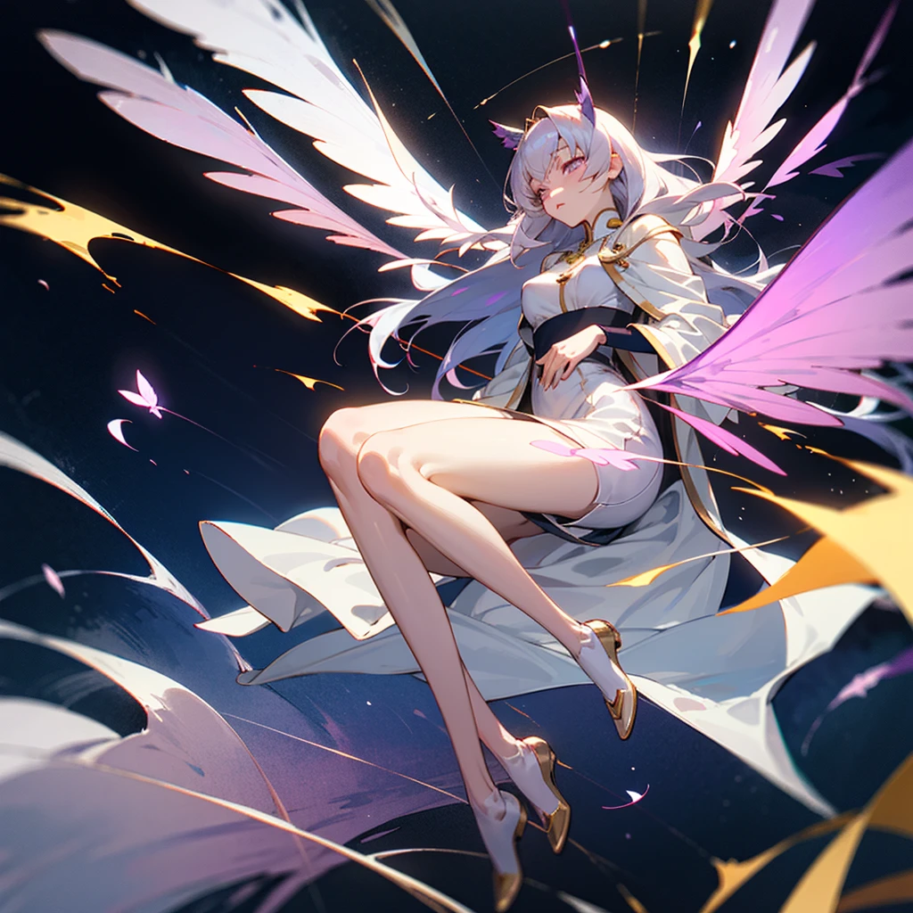Cosmic background, eyes closed, Zazen, woman in ethereal white and silver dress with long, iridescent hair, humanoid moth girl with delicate antennae, full body white and silver cloak, Angeumon, flowing silver robes, Madoka Kaname, Code Geass, visual novel sprite, large, luminous wings, Rei Hino as a princess, Nico in silver dress, グラマラスなアンジュウーマンDigimon, anime goddess, glowing purple eyes."