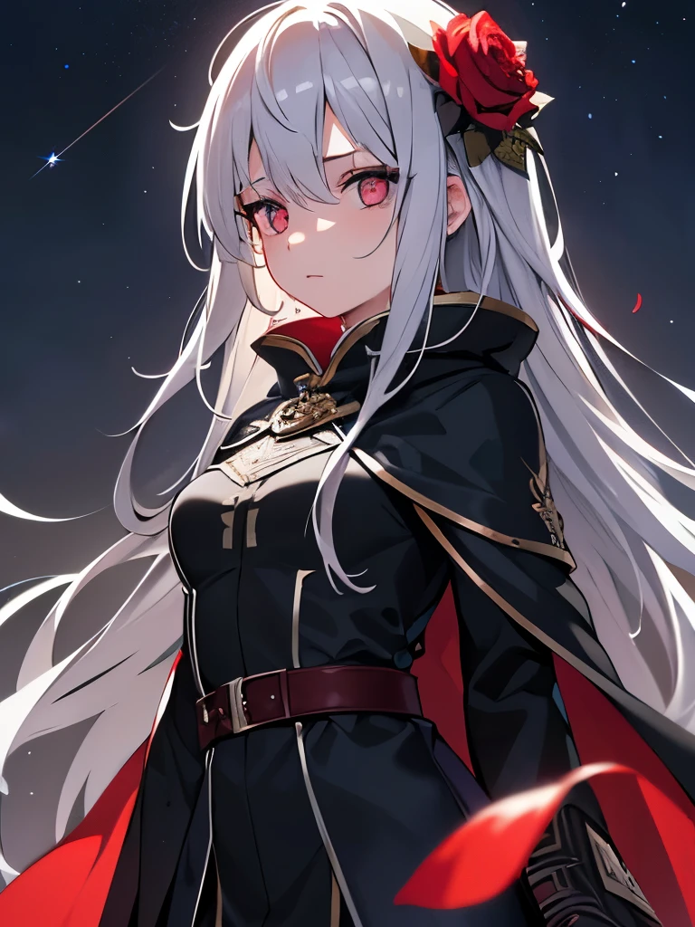 One girl,alone,One girl,alone,Ultra high definition,((Beautiful attention to detail)), (Detailed light),Depth of written boundary,(Gray Hair),Silver Eyes,Hair on one eye,(Red flower ), Hair Flower,Long Hair,Black Cape,Wet,Emotionless,Recall,night,shooting star,it's raining,fog,Red flowers falling,sketch,Upper Body,Strong Shadows,