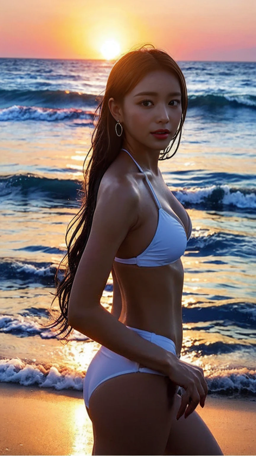 With the sun setting over the sea in the background、A silhouette of a glamorous woman in a bikini。Angle from below、dramatic effect、Beauty of silhouette、high resolution、Detailed、Realistic expression、The background is the sunset and the sea