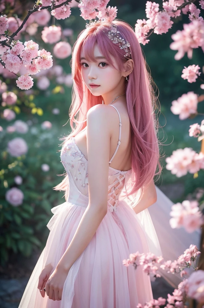 This image contains、It depicts a beautiful Japanese girl surrounded by a fantastical background.。The background is filled with pale pink and purple light.、It creates an atmosphere that makes you feel like you are in a dream.。The beautiful girl is wearing a thin white outfit.、The costume reflects the light and sparkles.。The thinness of the costume beautifully accentuates the lines of the body.、It further enhances the fantastic atmosphere.。
The beautiful girl has pink hair、Softly spreads、It shines with light。Her pose is elegant、She is leaning forward slightly and looking towards me.、She has a soft and seductive look。
As a photographic technique、The contrast of light and shadow is very realistic.、The texture of the clothes and hair in particular is depicted in great detail.。Background light effects、The way the petals flutter down is also very detailed.、Overall, a fantastic and beautiful scene has been completed.。The vertical composition emphasizes the beautiful girl's figure.、The fantastic light in the background creates a super-realistic, photo-realistic texture.。