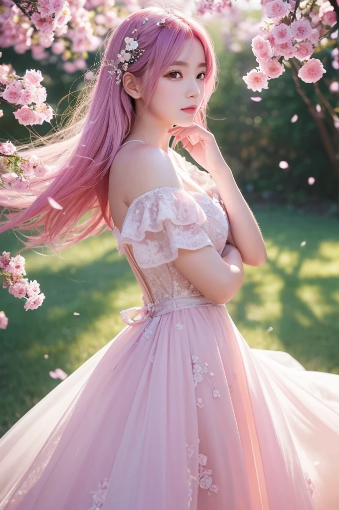 This image contains、It depicts a beautiful Japanese girl surrounded by a fantastical background.。The background is filled with pale pink and purple light.、It creates an atmosphere that makes you feel like you are in a dream.。The beautiful girl is wearing a thin white outfit.、The costume reflects the light and sparkles.。The thinness of the costume beautifully accentuates the lines of the body.、It further enhances the fantastic atmosphere.。

The beautiful girl has pink hair、Softly spreads、It shines with light。Her pose is elegant、She is leaning forward slightly and looking towards me.、She has a soft and seductive look。

As a photographic technique、The contrast of light and shadow is very realistic.、The texture of the clothes and hair in particular is depicted in great detail.。Background light effects、The way the petals flutter down is also very detailed.、Overall, a fantastic and beautiful scene has been completed.。The vertical composition emphasizes the beautiful girl&#39;s figure.、The fantastic light in the background creates a super-realistic, photo-realistic texture.。