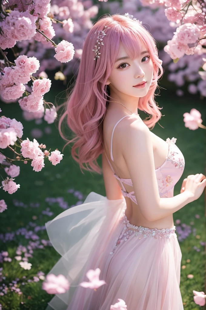 This image contains、It depicts a beautiful Japanese girl surrounded by a fantastical background.。The background is filled with pale pink and purple light.、It creates an atmosphere that makes you feel like you are in a dream.。The beautiful girl is wearing a thin white outfit.、The costume reflects the light and sparkles.。The thinness of the costume beautifully accentuates the lines of the body.、It further enhances the fantastic atmosphere.。

The beautiful girl has pink hair、Softly spreads、It shines with light。Her pose is elegant、She is leaning forward slightly and looking towards me.、She has a soft and seductive look。

As a photographic technique、The contrast of light and shadow is very realistic.、The texture of the clothes and hair in particular is depicted in great detail.。Background light effects、The way the petals flutter down is also very detailed.、Overall, a fantastic and beautiful scene has been completed.。The vertical composition emphasizes the beautiful girl&#39;s figure.、The fantastic light in the background creates a super-realistic, photo-realistic texture.。