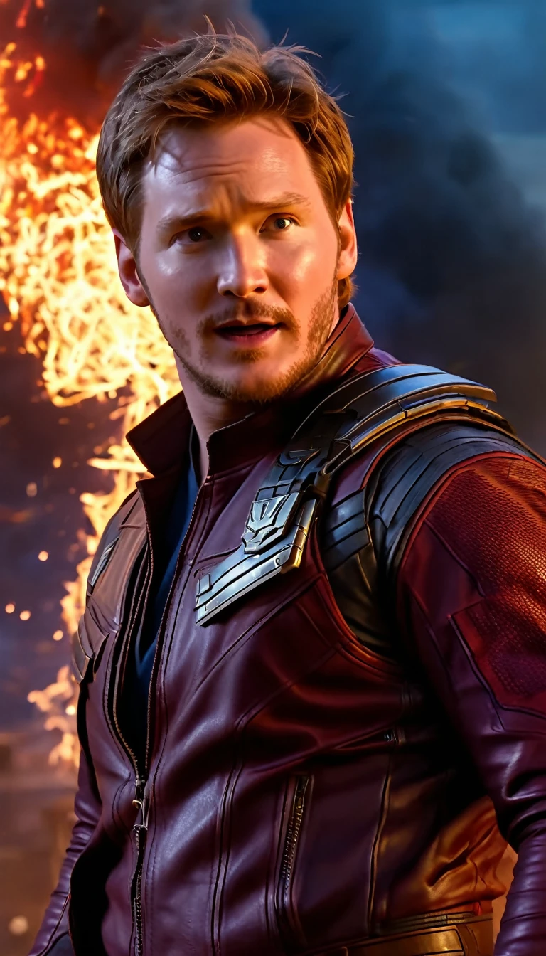 Marvel - Peter Quill, close-up, brilliant lightning, fire and smoke background, winning the great battle to save the world, masterpiece, 8K, realistic