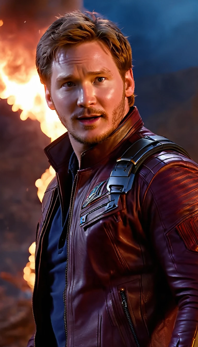 Marvel - Peter Quill, close-up, brilliant lightning, fire and smoke background, winning the great battle to save the world, masterpiece, 8K, realistic