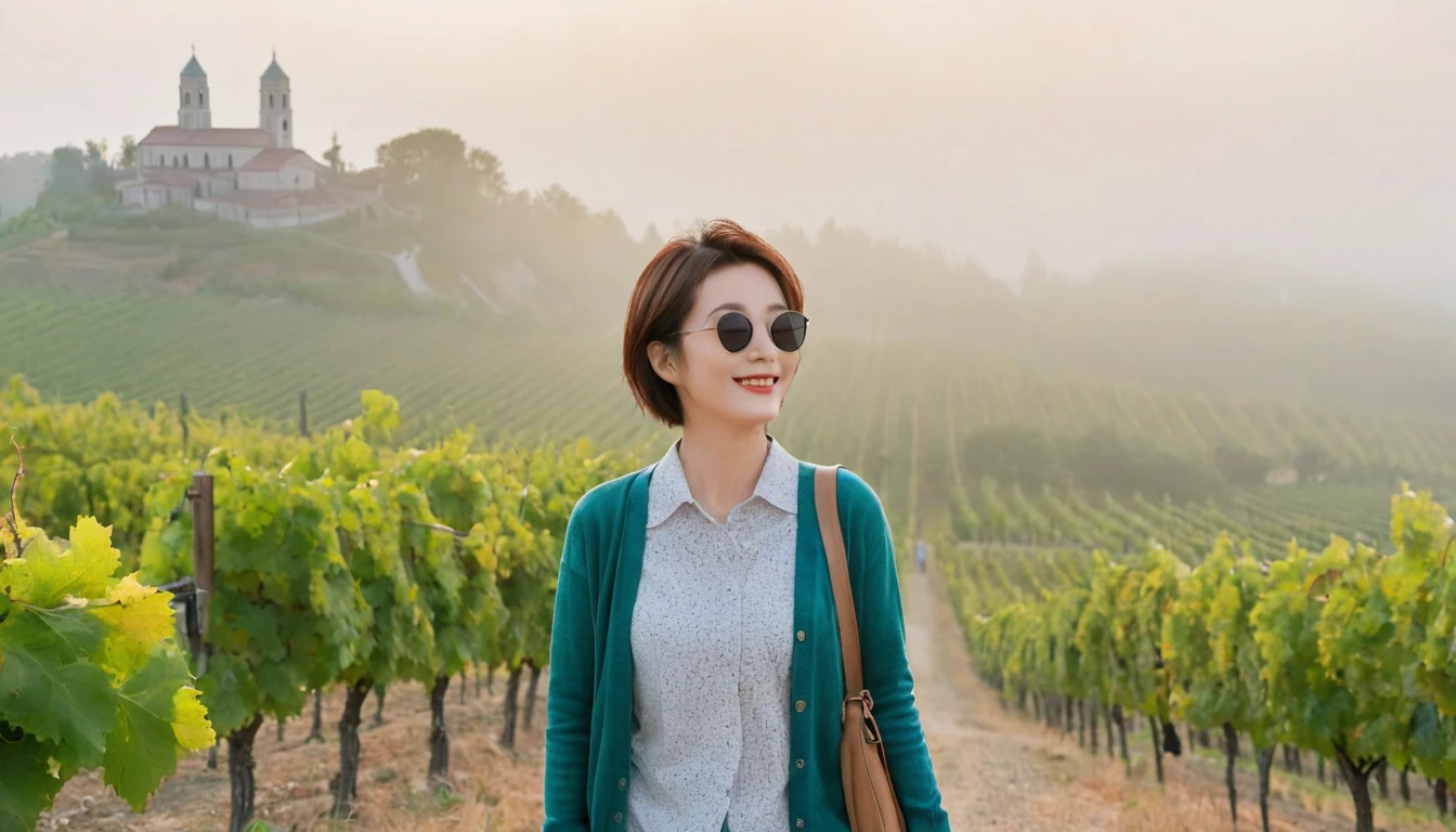 8k best picture quality, Beautiful 36-year-old Korean woman, Chest size 34 inches, Dawn in the northern Italian countryside, View of the cathedral next to the vineyards, The back background is realistic and vivid image quality, short medium hair, Wear a shirt and cardigan and casual pants, Smile slightly. the background is clear, looking up the side., street trees on the hill, narrow path, Looking at the vineyard covered in thick fog, Wearing thick horn-rimmed sunglasses. Standing on the path and looking at the foggy vineyards.