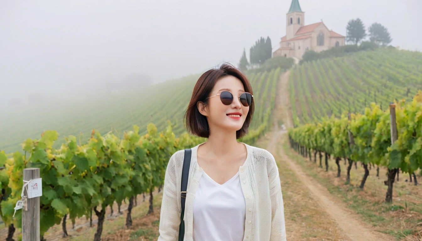 8k best picture quality, Beautiful 36-year-old Korean woman, Chest size 34 inches, Dawn in the northern Italian countryside, View of the cathedral next to the vineyards, The back background is realistic and vivid image quality, short medium hair, Wear a shirt and cardigan and casual pants, Smile slightly. the background is clear, looking up the side., street trees on the hill, narrow path, Looking at the vineyard covered in thick fog, Wearing thick horn-rimmed sunglasses. Standing on the path and looking at the foggy vineyards.