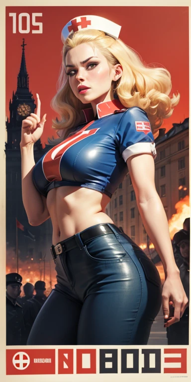 CCCP poster, soviet poster, USSR Flag in background, USSR Poster, Soviet Union poster, October Revolution, ((CCCP Poster, Soviet Poster)) (blond 1 mature girl holding up her hand in the air) propaganda Poster, poster, Soviet flag on pole, blue sky with fighter jet, uniform, 1girl, solo, good body, Poster design, poster art style. 1980s, 1950s, 1960s, basic colour scheme, Very colourful poster, colour art, thirds rule, inspiring, general, military officer, woman, 1 mature girl, hair blowing in the wind, hand high in the air, revolutionary, pointing with finger, red square backdrop, thick legs.