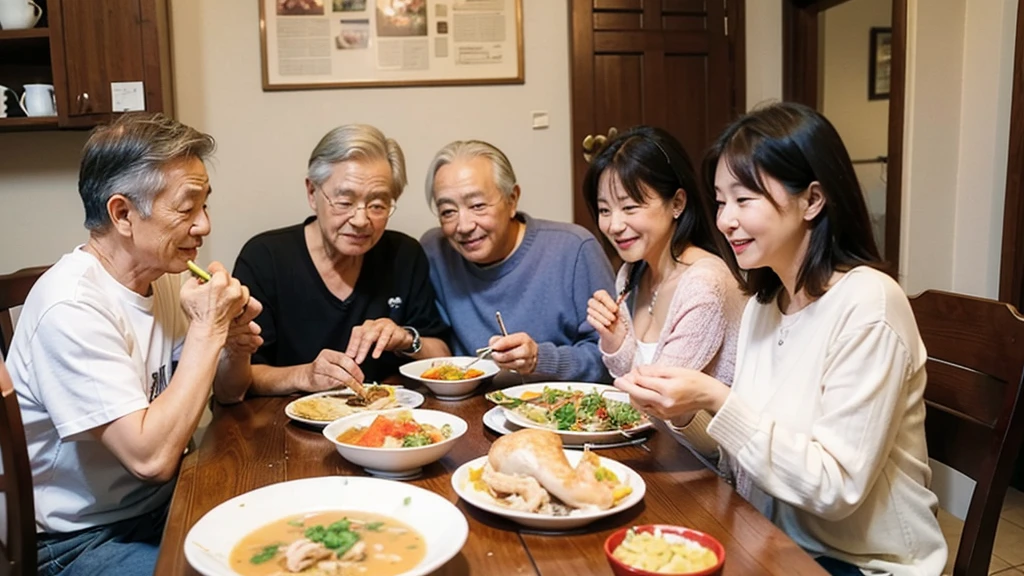 grandma,grandfather,mom,dad,The whole family, including children, sits around the table and enjoys a delicious meal, The menu is soup with chicken.
