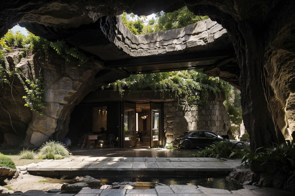 The cafe restaurant is located in a cave overlooking the street, (view from the street to the cave: 1.2), climbing plants, surrounding green trees, cool weather, modern style bedroom, large glass doors, (thermal landscape fragrant),