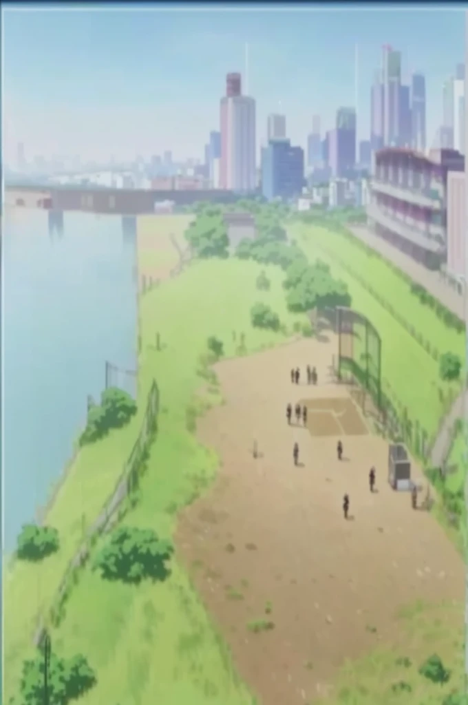 anime scene of a baseball field with a city in the background, anime scene, rio de janeiro in an anime film, tokyo anime scene, anime scenery, anime landscape, anime countryside landscape, sankakucomplex anime image, anime style cityscape, attack on titan scenery, grass field surrounding the city, screenshot from guro anime, screenshot from a 2012s anime