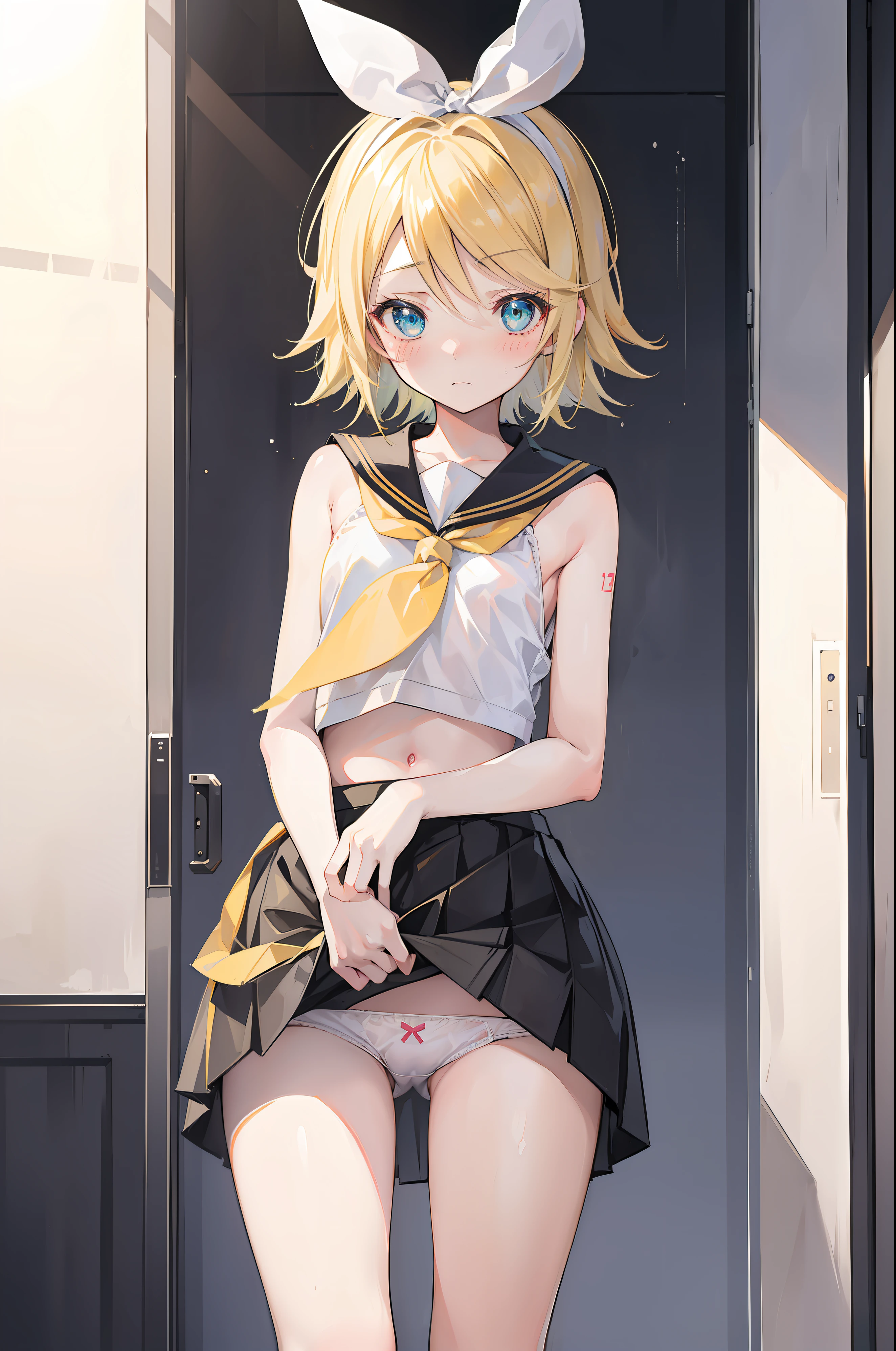 One Girl, (Kagamine_Also), Green Eyes, Blonde, short hair, Cute Face, Beautiful Eyes, Flat Chest, Sailor suit, Black short skirt, Are standing, Cowboy Shot, Look at you, She loves you, (shy), (blush), (Embarrassing:1.2), Your Girlfriend, (Skirt Lift), (Showing panties), (White panties), at home, night