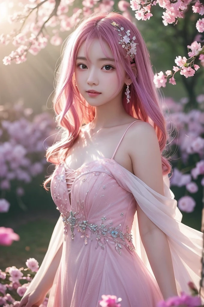 This image contains、It depicts a beautiful Japanese girl surrounded by a fantastical background.。The background is filled with pale pink and purple light.、It creates an atmosphere that makes you feel like you are in a dream.。The beautiful girl is wearing a thin white outfit.、The costume reflects the light and sparkles.。The thinness of the costume beautifully accentuates the lines of the body.、It further enhances the fantastic atmosphere.。

The beautiful girl has pink hair、Softly spreads、It shines with light。Her pose is elegant、She is leaning forward slightly and looking towards me.、She has a soft and seductive look。

As a photographic technique、The contrast of light and shadow is very realistic.、The texture of the clothes and hair in particular is depicted in great detail.。Background light effects、The way the petals flutter down is also very detailed.、Overall, a fantastic and beautiful scene has been completed.。The vertical composition emphasizes the beautiful girl&#39;s figure.、The fantastic light in the background creates a super-realistic, photo-realistic texture.。