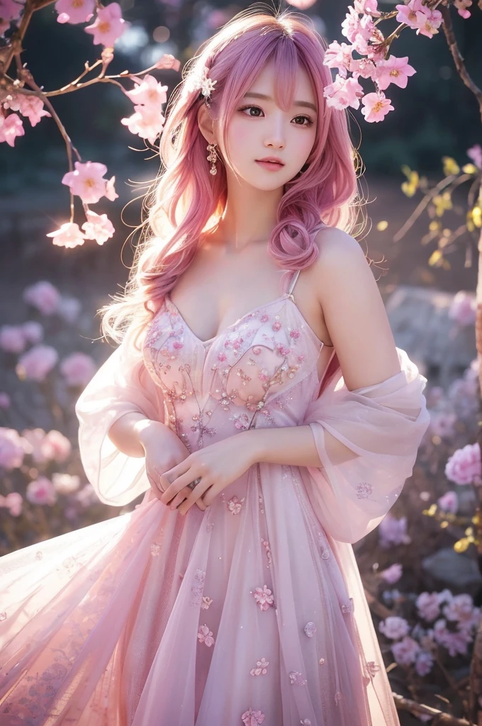 This image contains、It depicts a beautiful Japanese girl surrounded by a fantastical background.。The background is filled with pale pink and purple light.、It creates an atmosphere that makes you feel like you are in a dream.。The beautiful girl is wearing a thin white outfit.、The costume reflects the light and sparkles.。The thinness of the costume beautifully accentuates the lines of the body.、It further enhances the fantastic atmosphere.。
The beautiful girl has pink hair、Softly spreads、It shines with light。Her pose is elegant、She is leaning forward slightly and looking towards me.、She has a soft and seductive look。
As a photographic technique、The contrast of light and shadow is very realistic.、The texture of the clothes and hair in particular is depicted in great detail.。Background light effects、The way the petals flutter down is also very detailed.、Overall, a fantastic and beautiful scene has been completed.。The vertical composition emphasizes the beautiful girl's figure.、The fantastic light in the background creates a super-realistic, photo-realistic texture.。