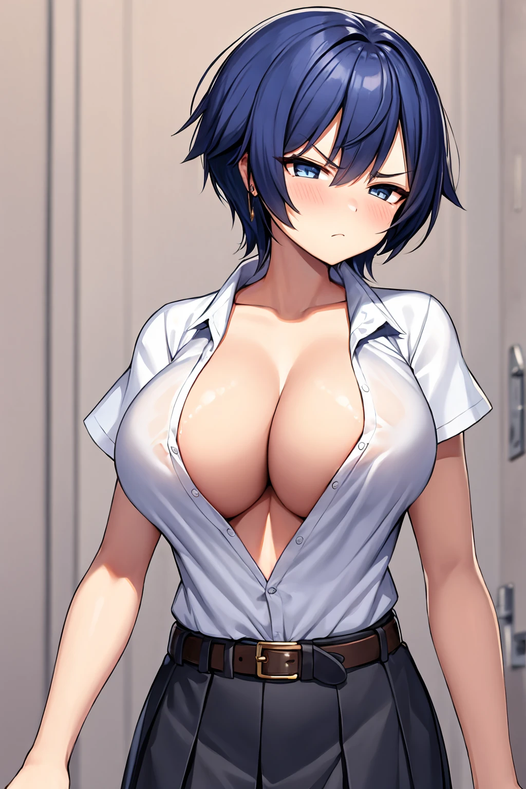 tomboy,blue-hair,short-hair,big-,school-uniform,tomboy,short-hair,18years-old,gang,earring,belt,super-big-breastme,half-closed-eye,black-under-eye,angry,hale-closed-eyes,all-body,whole body,all-body