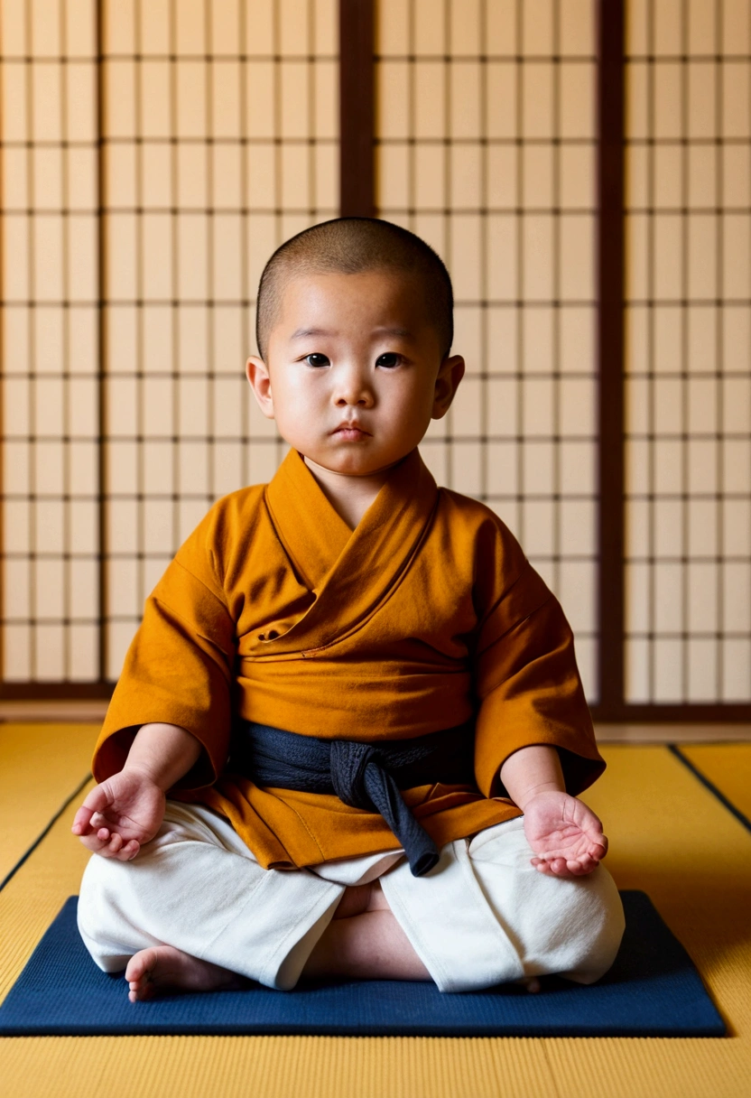 2 year old Japanese boy，meditate with your legs crossed，To the camera，Monk&#39;s clothing，The background is a bright and warm environment