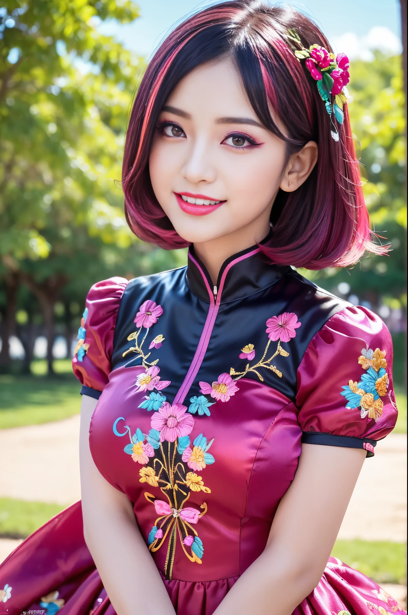 (masterpiece:1.4), (best quality:1.4), ultra high res, ultra high resolution, ((detailed facial features)), HDR, (realistic, photorealistic, photo-realistic:1.37), full body Esbian, sexy Vietnamese model, (-anime), only 1 model, vivid colors, ((vivid colors multicolor (fuchsia, pink, light blue, purple) very short hair)), (happy smile), lip-gloss, long lashes, ultra detailed makeup, defined eyebrows, wearing a red silk Paradise Kiss cosplay dress with black floral embroidery, ((vivid colors outfit)), vivid colors, look at the camera, cinematic light, large park background with trees, sweet and sexy pose