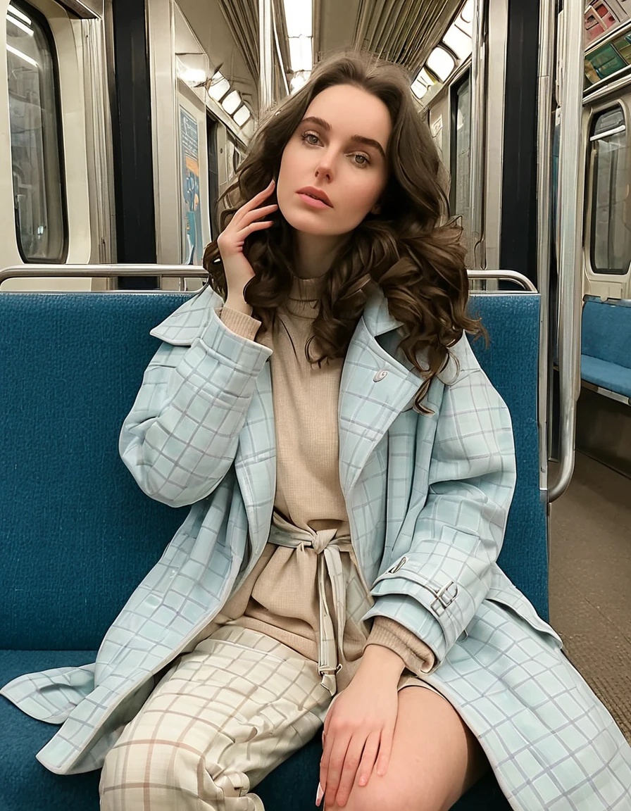 A stunning young woman with oval face shape and dark brunnette hair styled in romantic, wavy locks, she is adorning a pastel pink and light blue checkered woolen trench coat with long sleeves covering even her hands and only fingers are visible and it is layered over a light beige oversized baggy-fit hoodie, her bottoms are simple light beige pyjama trousers, and her footwear is fluffy sleepers, Accessories are a woolen white muffler.
She is sitting in Seoul metro train. Her pose is natural and cute with both the hands on her face as if she is face-palming herself. The lightning is soft and natural, Sexy fit body.