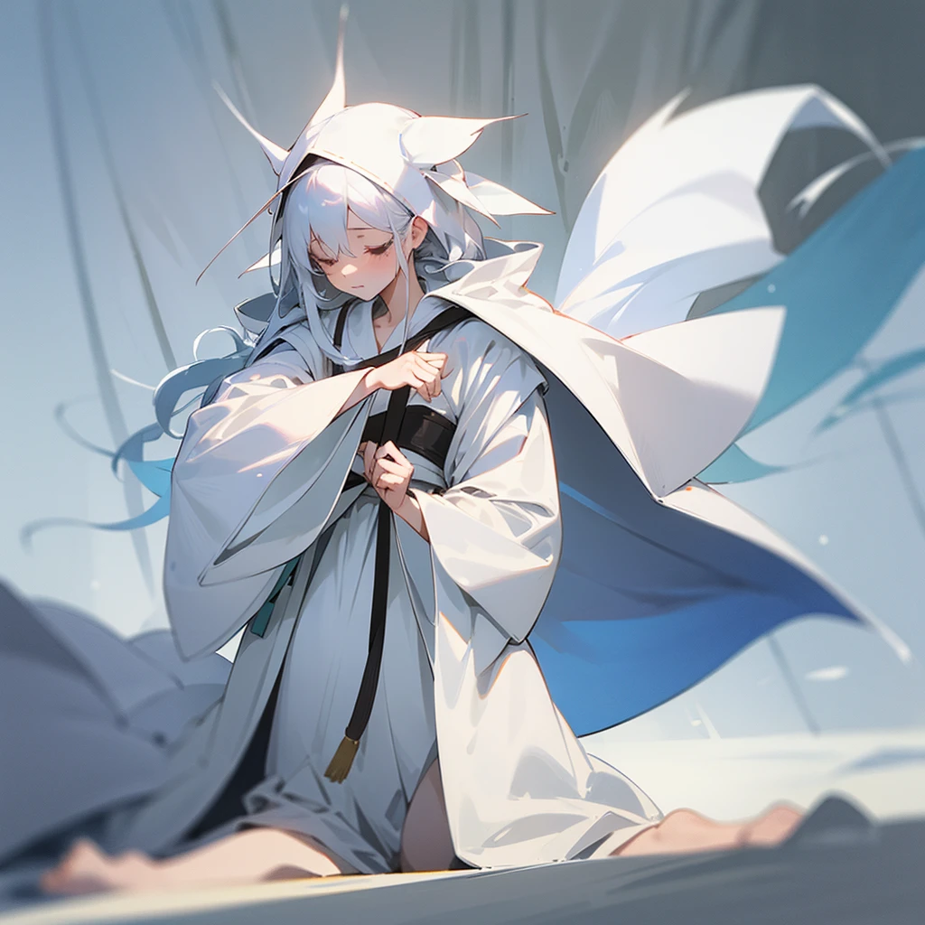 A girl in a white robe,The bottom of the white robe can touch the ground,Right,The hood of the white robe is worn on the head,White hair about waist length,Barefoot,Blindfolded with white cloth