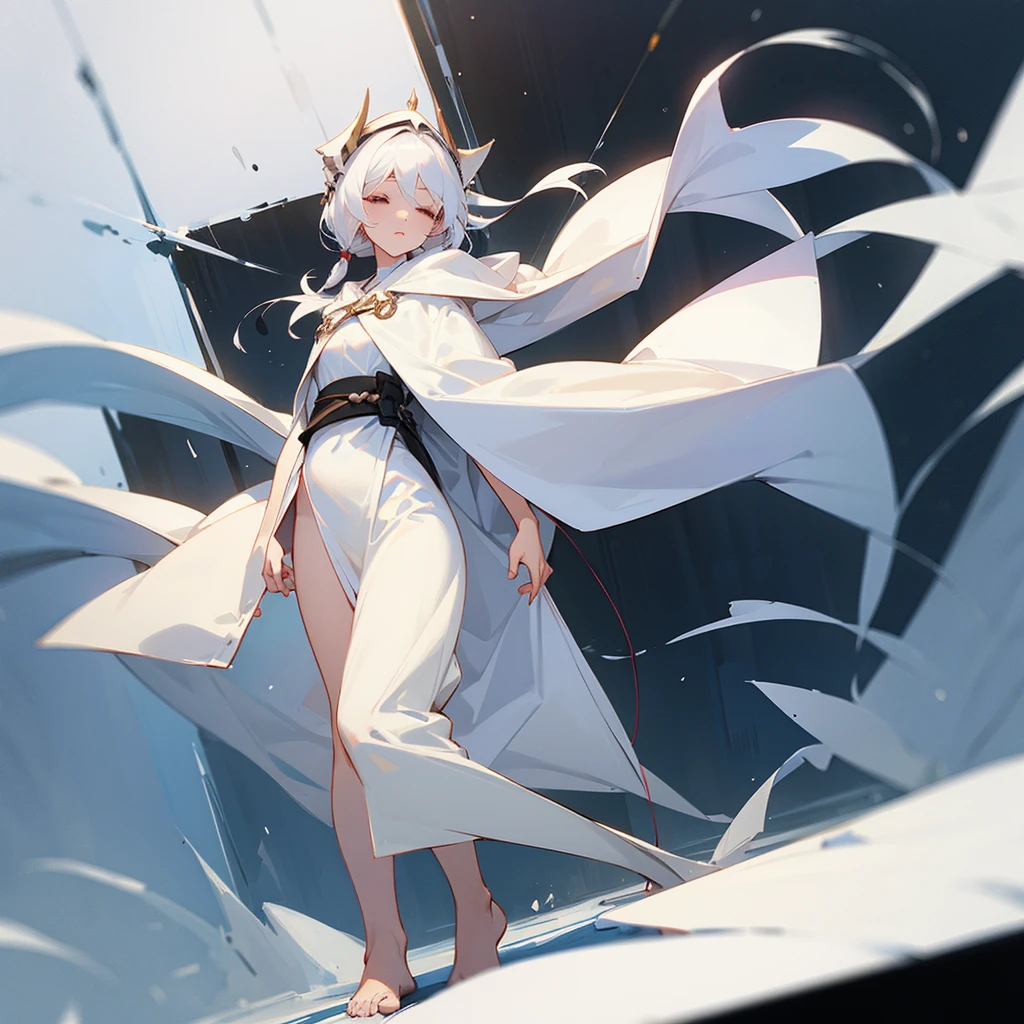 A girl in a white robe，The bottom of the white robe can touch the ground，Right，The hood of the white robe is worn on the head，White hair about waist length，Barefoot，Blindfolded with white cloth