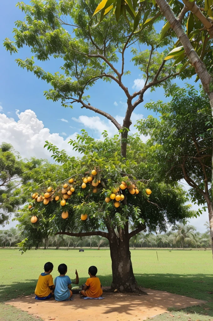 8 k water colour painting of Big mango tree with mangoes bottom here and there with mangoes after wind and rain kids under tree eating mangoes more kids and they are eating mangoes