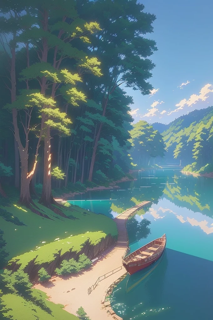 anime scene of a boat on a river with a forest in the background, anime background art, studio glibly makoto shinkai, style of makoto shinkai, anime countryside landscape, ( ( makoto shinkai ) ), makoto shinkai. —h 2160, anime scenery concept art, makoto shinkai art style