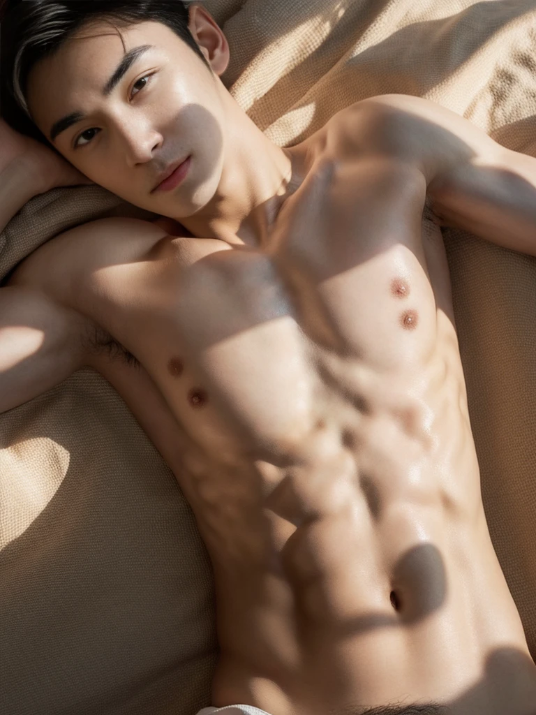 top quality, ultra high resolution, (photorealistic: 1.4), Cha eun woo, shirtless, showing armpit, dynamic angles, handsome, perfect face, perfect body, natural light, raw, detailed, best quality, 8k