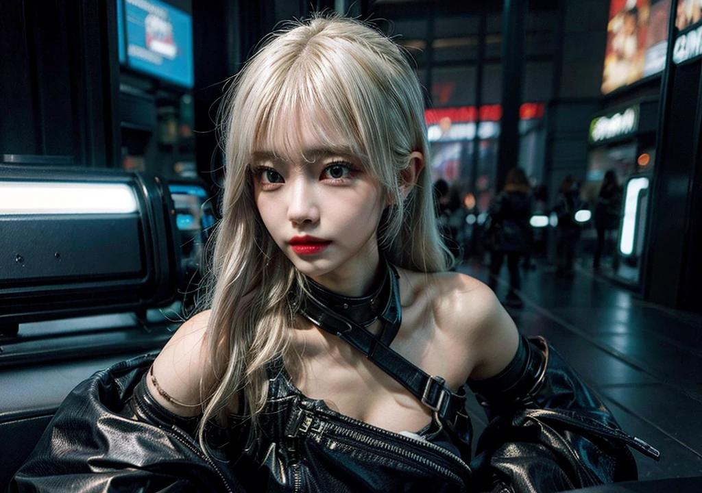 cyberpunk, big breasted, big butt, small waist, long hair, platinum blonde hair,