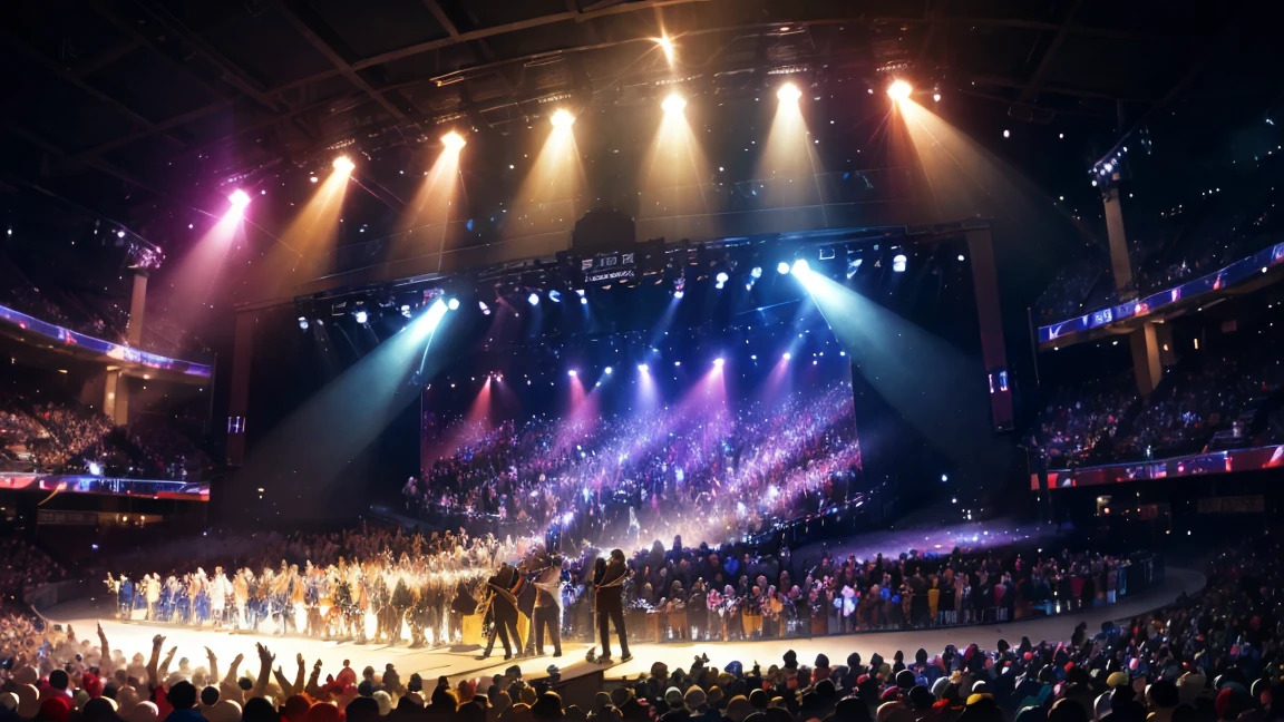 In this vibrant anime-style image, a four-member band performs energetically on
 a concert stage under the bright lights. The scene captures the band in full swing:
 the lead singer with a microphone, passionately singing; a guitarist strumming chords 
with intensity; a bassist grooving to the rhythm; and a drummer in the background,
 hitting the beats powerfully. The stage is adorned with dynamic lighting effects,
 casting colorful beams that reflect the high energy of the performance. The crowd in
 front of the stage is a blur of excitement, with hands raised and lights waving in the air.
 The atmosphere is electric, filled with the thrill of live music and the connection between the performers and their fans.