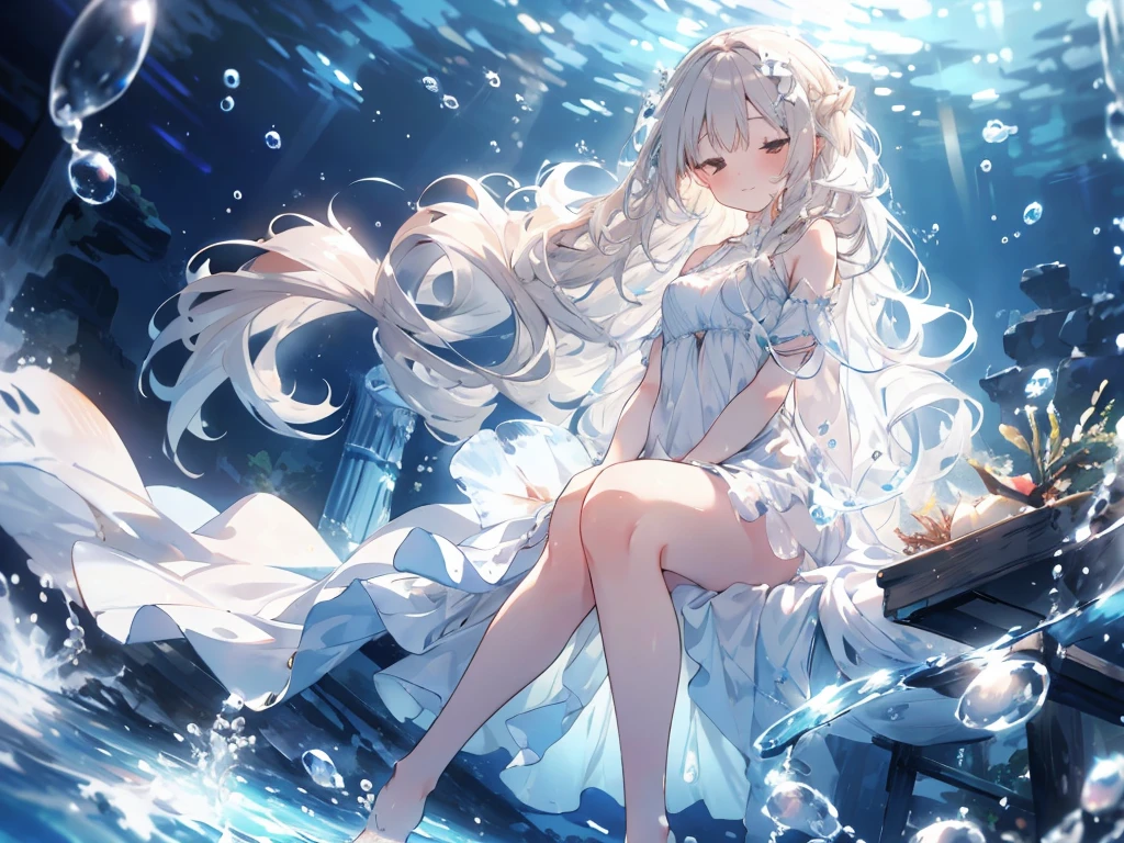 sleep, an artwork of a woman in white dress and flowing white hair under water, 1 girl, dress, Underwater, alone, Long Hair, Brown Hair, air bubble, barefoot, bubble