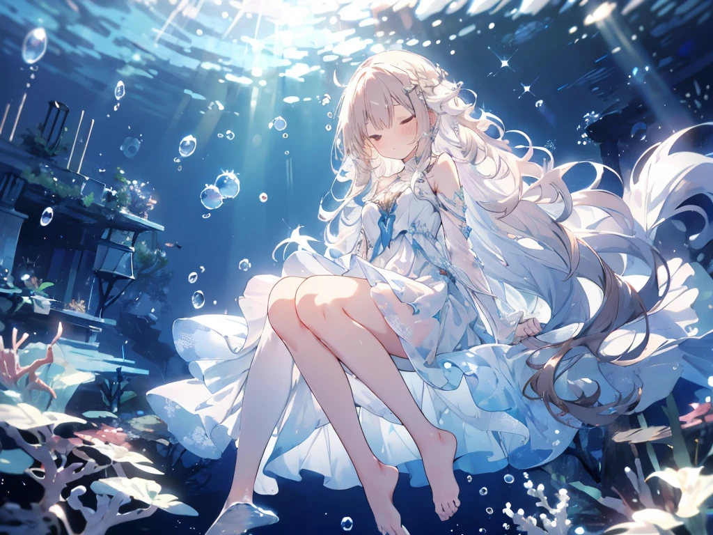 sleep, an artwork of a woman in white dress and flowing white hair under water, 1 girl, dress, Underwater, alone, Long Hair, Brown Hair, air bubble, barefoot, bubble