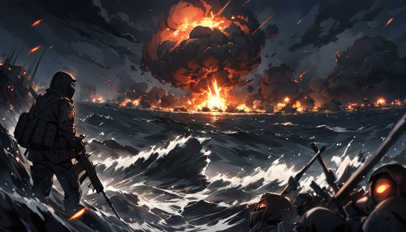 Terrorists, black balaclava, black clothes, war, sea, night, blood, chaos, nuclear explosion, dark atmosphere, apocalypse, dark, black colour