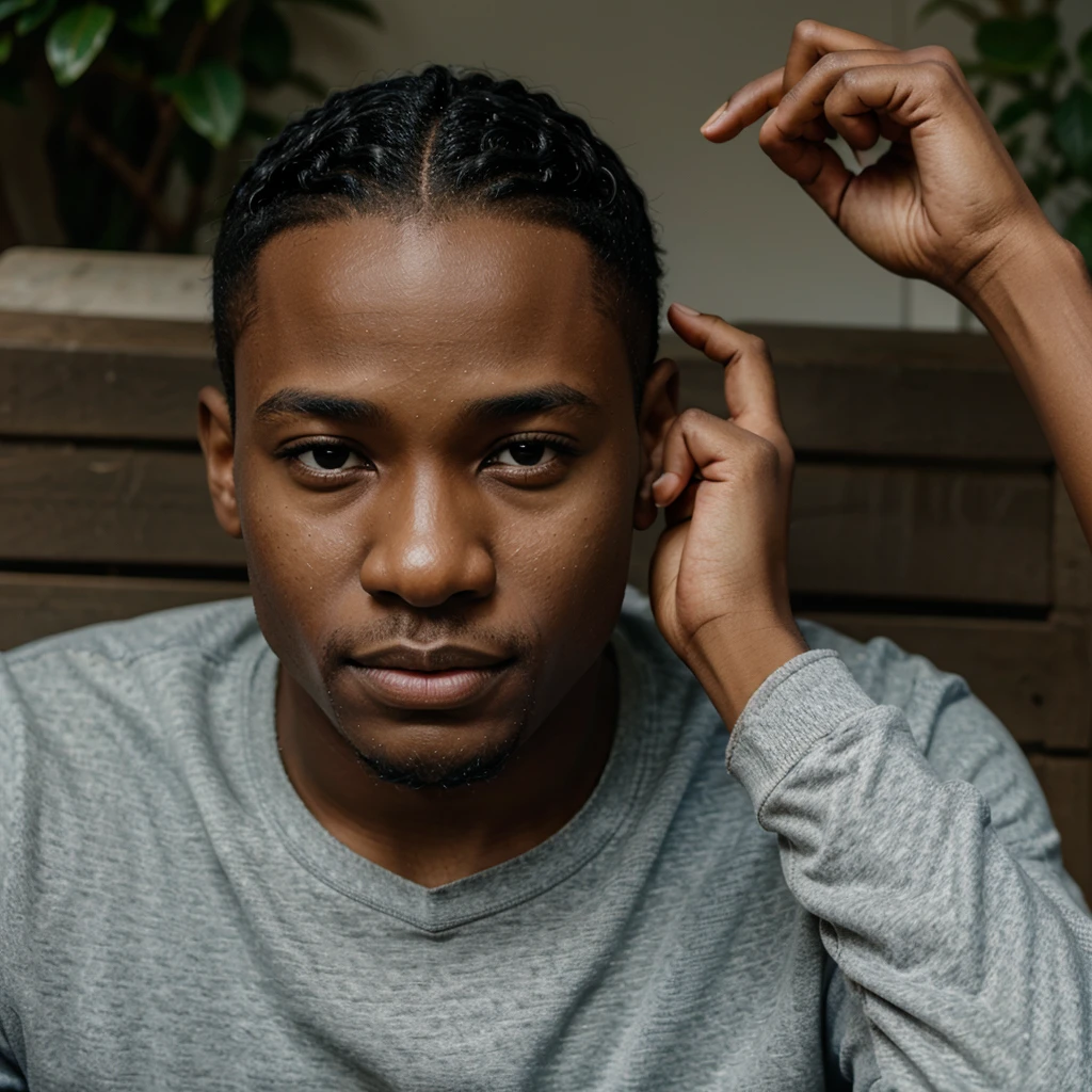 A black boy sitting with his index finger pressed to his head thinking---air---raw, realisitic