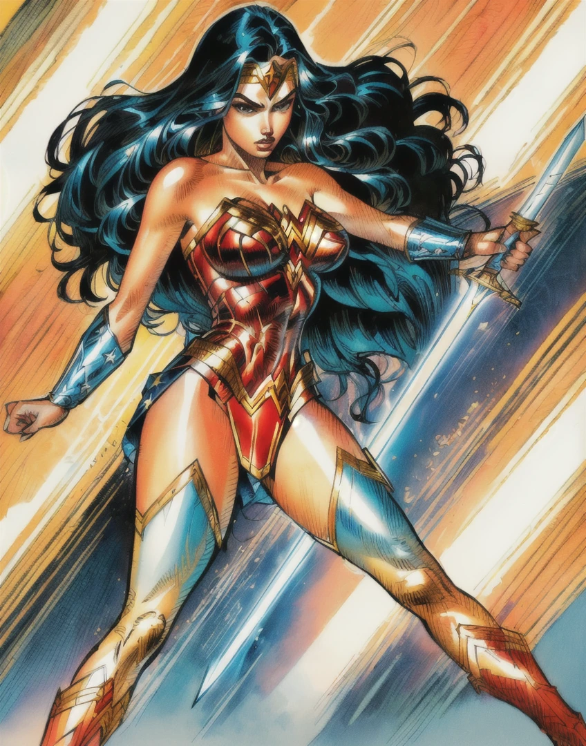 a drawing of a woman in a wonderful costume holding a sword, por Bruce Timm, DC Comics art style, Wonder Woman, inspired por Bruce Timm, portrait of Wonder Woman, dc comics style, dc comics style, por Alan Davis, por Craig Thompson, 90s comic book character design, comic art style, comic pinup style, dressed as Wonder Woman