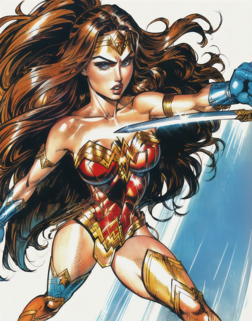 a drawing of a woman in a wonderful costume holding a sword, por Bruce Timm, DC Comics art style, Wonder Woman, inspired por Bruce Timm, portrait of Wonder Woman, dc comics style, dc comics style, por Alan Davis, por Craig Thompson, 90s comic book character design, comic art style, comic pinup style, dressed as Wonder Woman