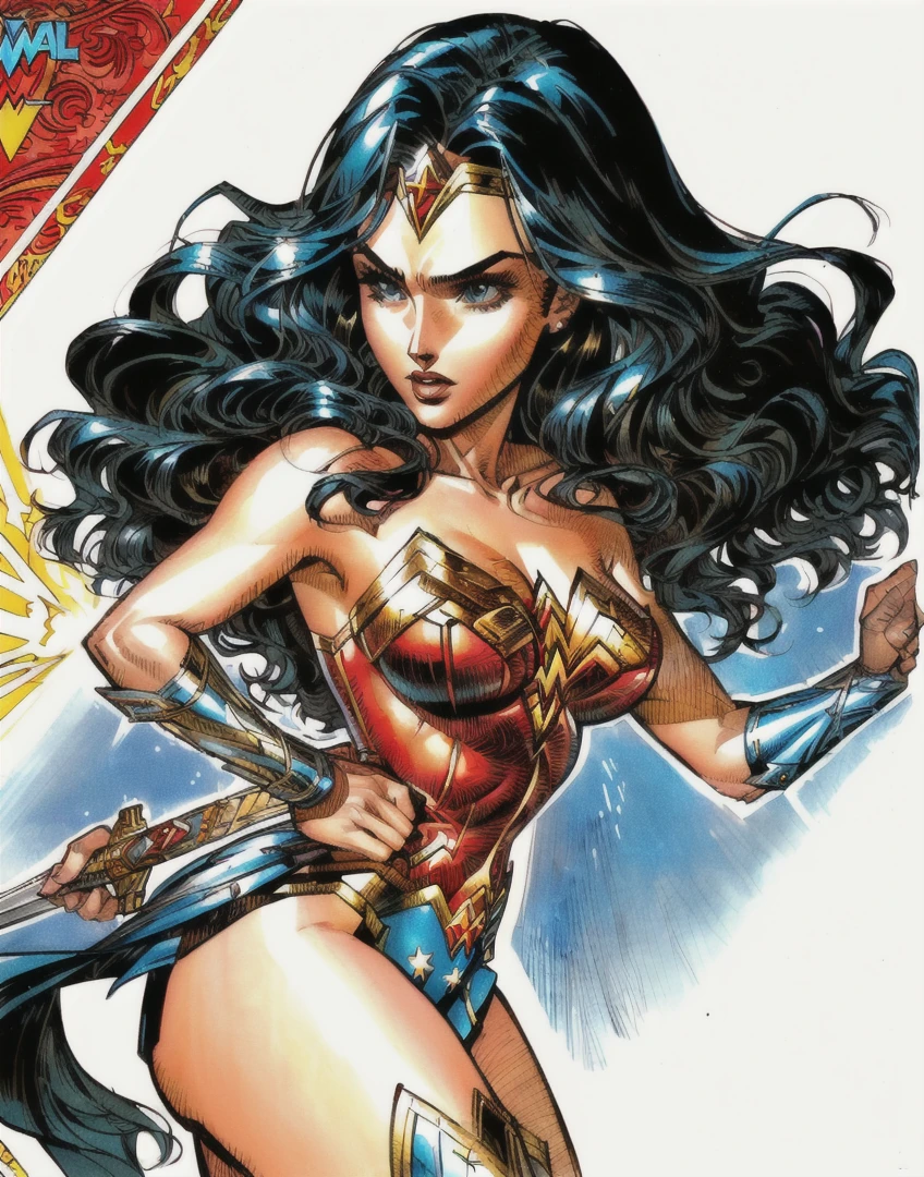 a drawing of a woman in a wonderful costume holding a sword, por Bruce Timm, DC Comics art style, Wonder Woman, inspired por Bruce Timm, portrait of Wonder Woman, dc comics style, dc comics style, por Alan Davis, por Craig Thompson, 90s comic book character design, comic art style, comic pinup style, dressed as Wonder Woman