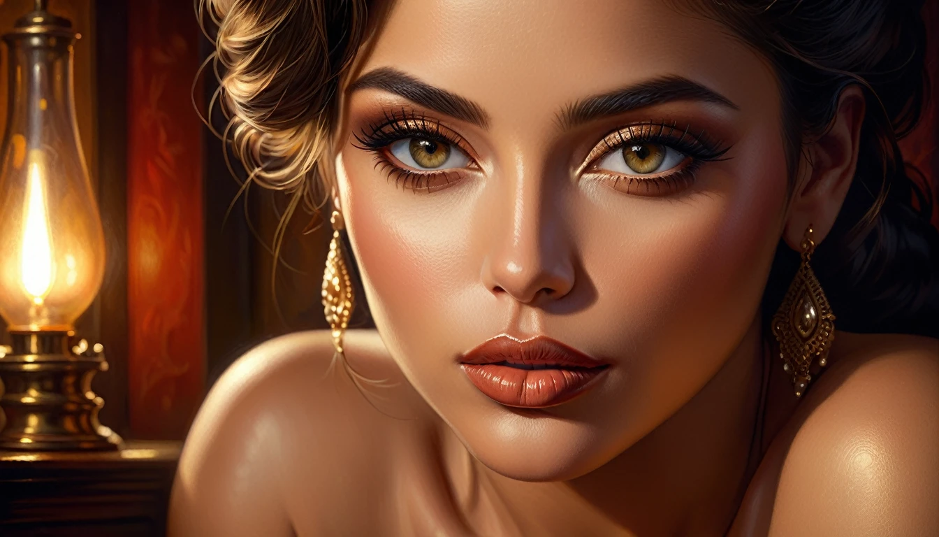 a woman in her 30s working in a brothel, highly detailed face, beautiful detailed eyes, beautiful detailed lips, extremely detailed skin, erotic, sensual, cinematic lighting, moody atmosphere, warm color tones, intimate, chiaroscuro, intricate textures, alluring, classical oil painting