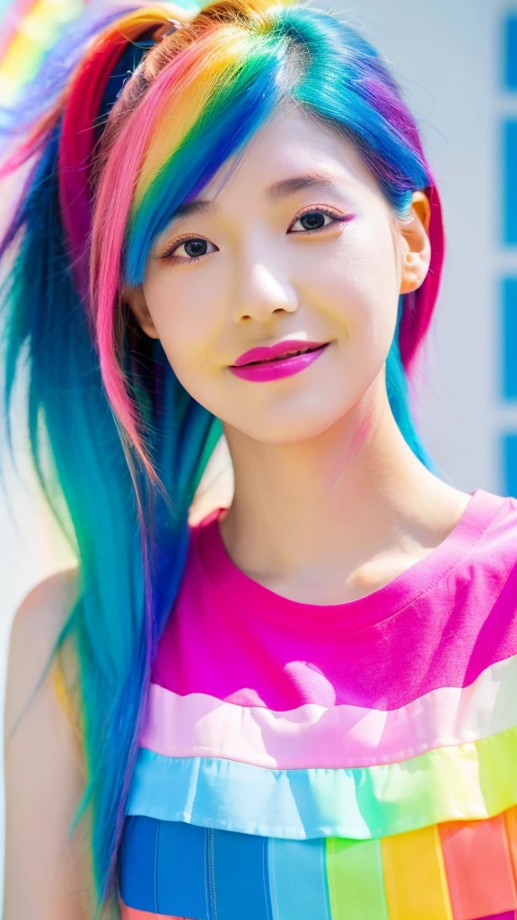 (Pink fashion T-shirt:1.9)、(colourful hair:1.8)、(all the colours of the rainbow:1.8)、((((Vertical Painting:1.6)))、(painterly:1.6)、frontage、comic strip、illustratio、painterly、big eye、Sheer eyes、(Iridescent gradient high ponytail:1.7)、Exquisite makeup、(Small fresh:1.5)、(Wipe Chest:1.6)、long eyeslashes、White off-the-shoulder T-shirt、White shoulder shirt、(rainbow-colored hair:1.6)、 color splashes, (solo:1.8), color splashes, Color explosion, Thick paint style, Messy lines, ((SHINES)), (colourfull), (colourfull), colourfull, colourfull, Chic paint style, (Splash) (color splashes), Vertical Painting, The upper part of the body, paint splashes, Acrylic Pigment, gradients, paint, Top image quality, Top image quality, ​masterpiece, solo, depth of fields, facepaint, colourful clothes, (elegent: 1.2), Gorgeous,length hair, the wind, (elegent: 1.3), (flower petals:1.4)、(((​masterpiece)))、(((top-quality)))、((Ultra-detail))、(dynamic ungle)、((Planktonic))、(paint)、((dishevled hair))、((Detailed anima face)))、((beautifull detailed face))、collars、bare shoulders​、white  hair、((colourful hair))、(((striated hair))、beatiful detailed eyes、(Gradient color eyes)、(((Colorful eyes))))、(colorful backdrop))))、((((a high chroma))))、(((Surrounded by colorful splashes)))、White background、blurry backround、Skin Care Cosmetics、1 person、a beauty girl、、Shyness、red blush、超A high resolution、Beautie、cute little、solo、A Japanese Lady。13years、hi-school girl、a smile。Beautiful young woman model。bright expression、photorealisim、Beautiful face、(pureerosface)、Glowing white shiny skin、Light brown straight hainer hair、Attractive beautiful brown eyes、Double eyelids、、fashionGirl。Wears a white shirt。Close-up portrait。profetional lighting, depth of fieldodel shoot tyle、top-quality、​masterpiece、