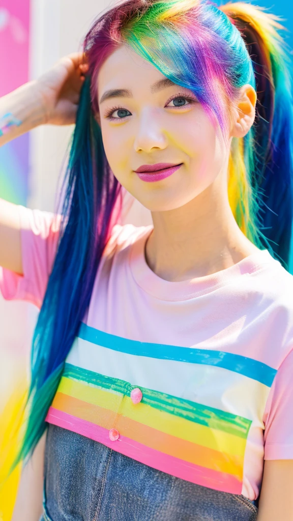 (Pink fashion T-shirt:1.9)、(colourful hair:1.8)、(all the colours of the rainbow:1.8)、((((Vertical Painting:1.6)))、(painterly:1.6)、frontage、comic strip、illustratio、painterly、big eye、Sheer eyes、(Iridescent gradient high ponytail:1.7)、Exquisite makeup、(Small fresh:1.5)、(Wipe Chest:1.6)、long eyeslashes、White off-the-shoulder T-shirt、White shoulder shirt、(rainbow-colored hair:1.6)、 color splashes, (solo:1.8), color splashes, Color explosion, Thick paint style, Messy lines, ((SHINES)), (colourfull), (colourfull), colourfull, colourfull, Chic paint style, (Splash) (color splashes), Vertical Painting, The upper part of the body, paint splashes, Acrylic Pigment, gradients, paint, Top image quality, Top image quality, masterpiece, solo, depth of fields, facepaint, colourful clothes, (elegent: 1.2), Gorgeous,length hair, the wind, (elegent: 1.3), (flower petals:1.4)、(((masterpiece)))、(((top-quality)))、((Ultra-detail))、(dynamic ungle)、((Planktonic))、(paint)、((dishevled hair))、((Detailed anima face)))、((beautifull detailed face))、collars、bare shoulders、white hair、((colourful hair))、(((striated hair))、beatiful detailed eyes、(Gradient color eyes)、(((Colorful eyes))))、(colorful backdrop))))、((((a high chroma))))、(((Surrounded by colorful splashes)))、White background、blurry backround、Skin Care Cosmetics、1 person、a beauty girl、、Shyness、red blush、超A high resolution、Beautie、cute little、solo、A Japanese Lady。13years、hi-school girl、a smile。Beautiful young woman model。bright expression、photorealisim、Beautiful face、(pureerosface)、Glowing white shiny skin、Light brown straight hainer hair、Attractive beautiful brown eyes、Double eyelids、、fashionGirl。Wears a white shirt。Close-up portrait。profetional lighting, depth of fieldodel shoot tyle、top-quality、masterpiece、