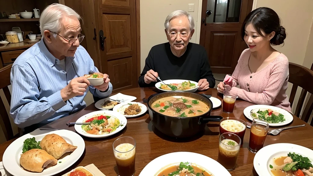 grandma,grandfather,mom,dad,The whole family, including children, sits around the table and enjoys a delicious meal, The menu is soup with chicken.