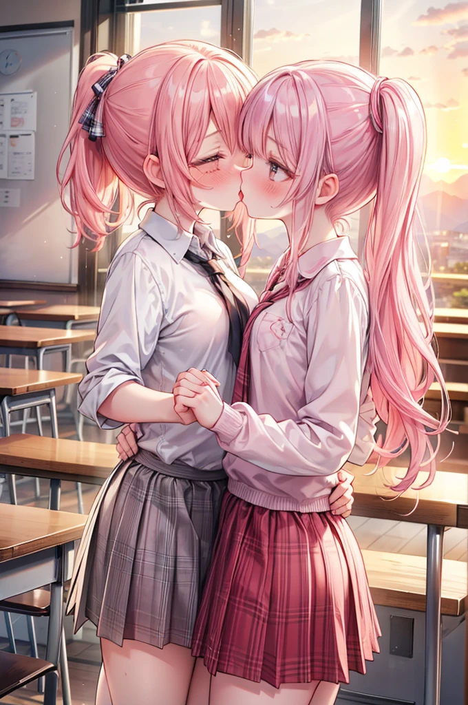 masterpiece, best quality, nsfw,
2girl, kiss,
summer , plaid skirt, pink hair, ponytail, embarrassed face,
classroom, sunset,