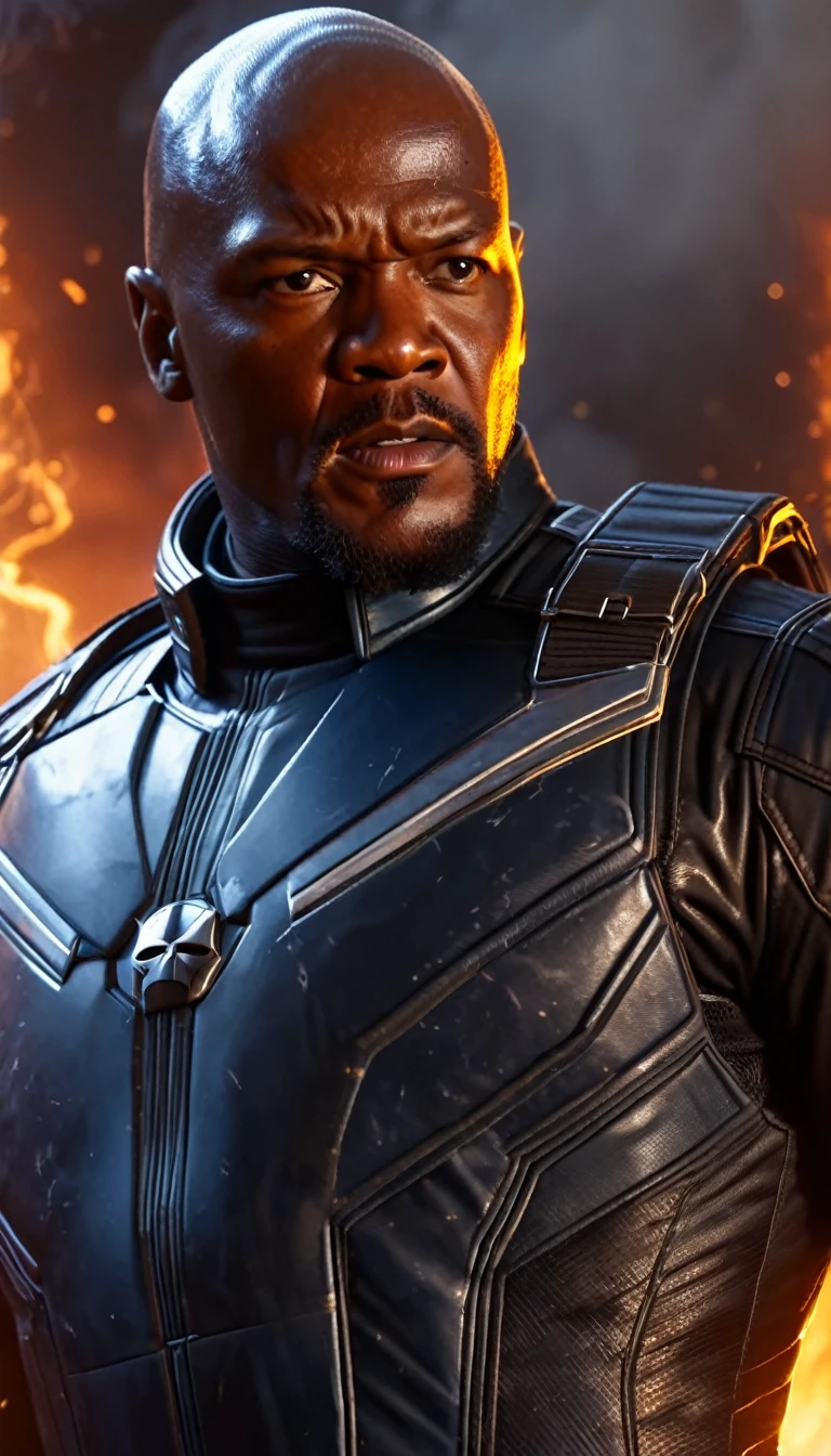 Marvel - Nick Fury, close-up, brilliant lightning, fire and smoke background, winning the great battle to save the world, masterpiece, 8K, realistic