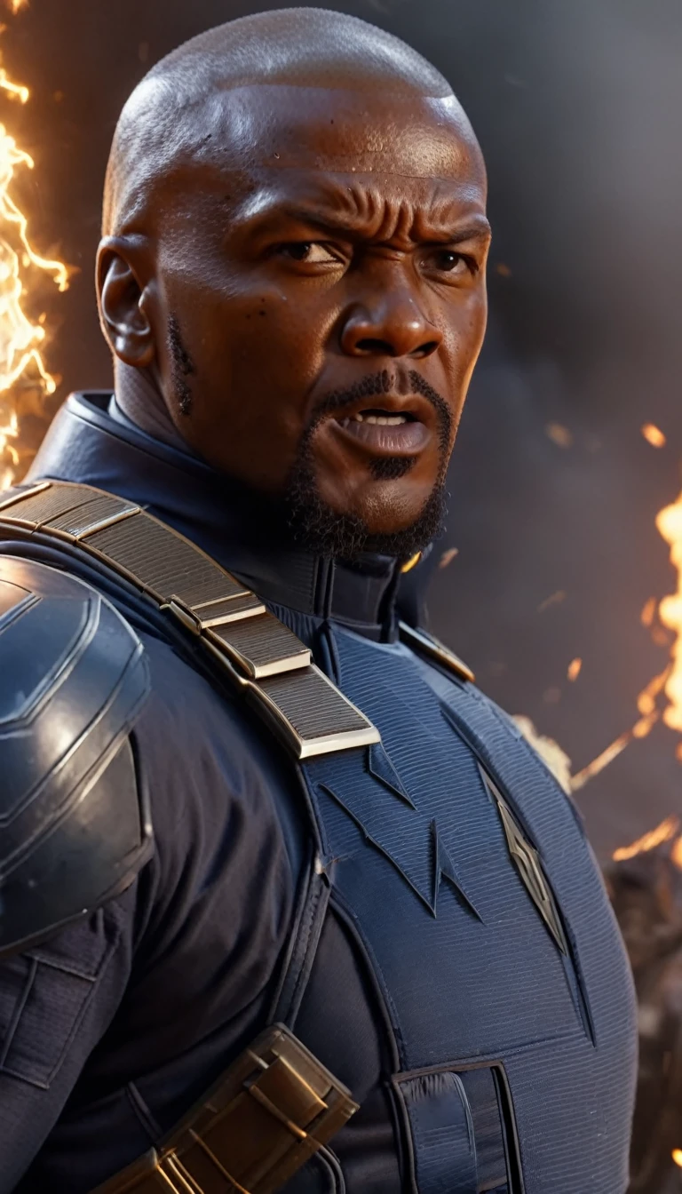 Marvel - Nick Fury, close-up, brilliant lightning, fire and smoke background, winning the great battle to save the world, masterpiece, 8K, realistic