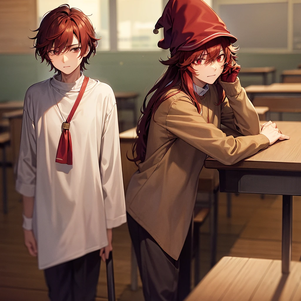 A shy young man with carmine red medium hair and with long bangs covering his eyes, wearing an old wizard hat and beige , background is classroom